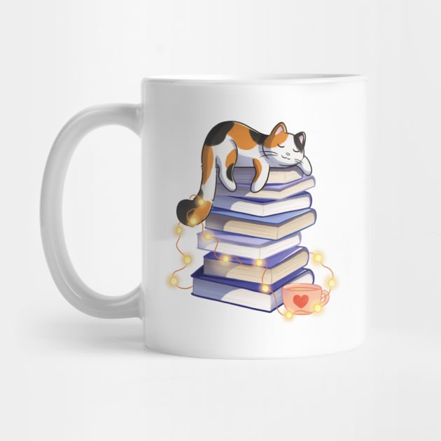 Calico Cat Sleeping On Books by Meowrye